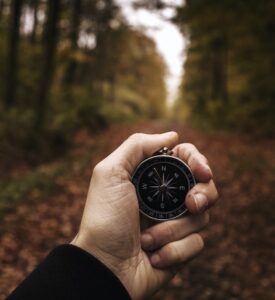 hand holding compass in wilderness